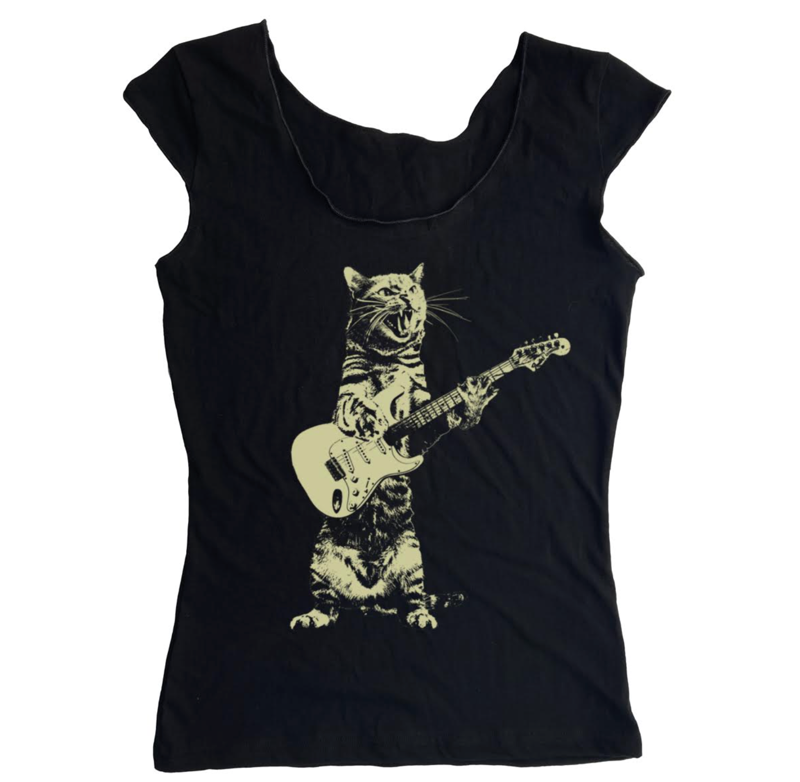 Cat Playing Guitar Raw-Edge Women's T-Shirt