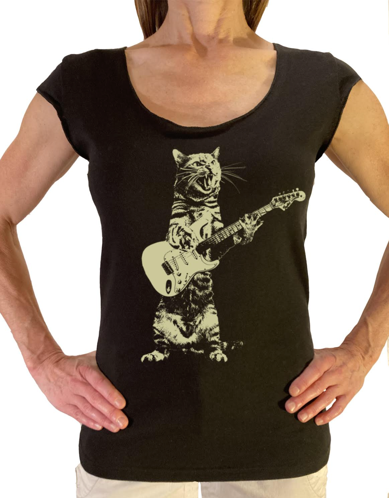 Cat Playing Guitar Raw-Edge Women's T-Shirt