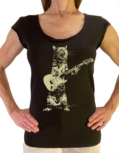 Cat Playing Guitar Raw-Edge Women's T-Shirt